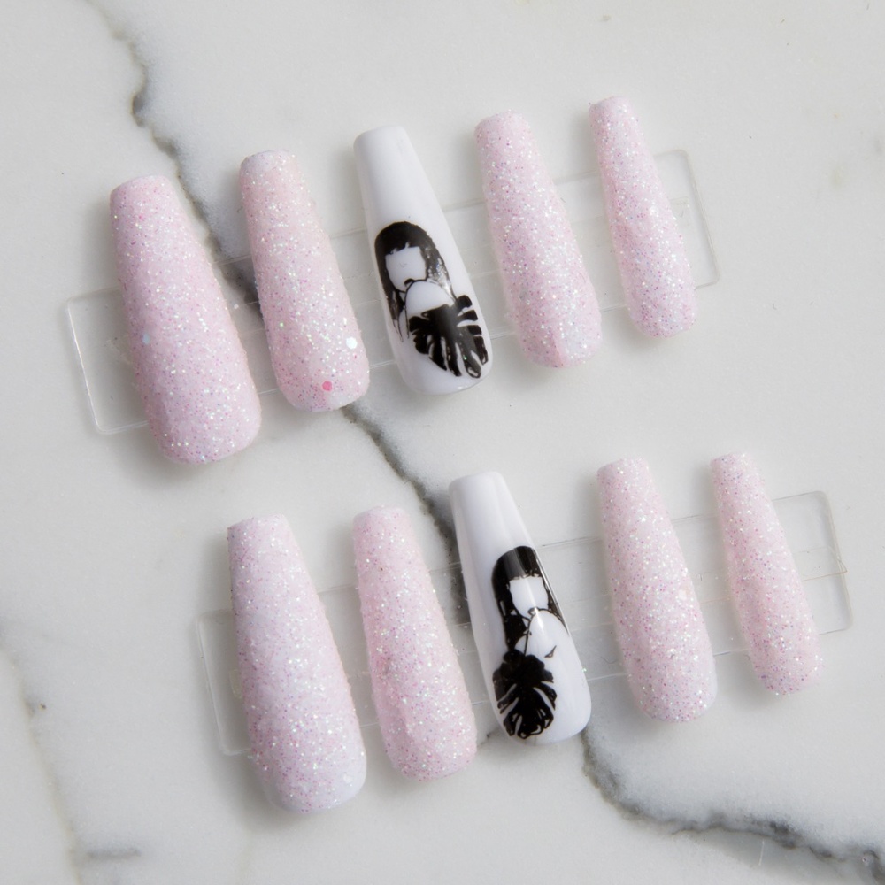 Pink Glitter Line Art Press On Nails